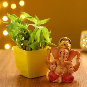 Bamboo Plant in Yellow Pot & Ganesha Idol