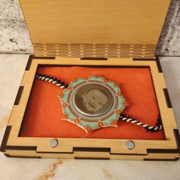 Personalised Photo Printed Metal Rakhi in a Wooden Gift Box