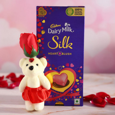 Red Rose cute Teddy with cadbury Silk chocolate