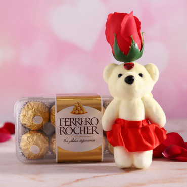 Red Rose cute Teddy with Ferrero Rocher chocolate