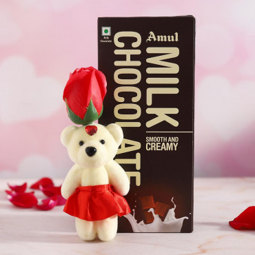 Red Rose cute Teddy with Amul  chocolate bar