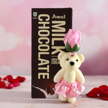 Pink Rose cute Teddy with Amul  chocolate bar