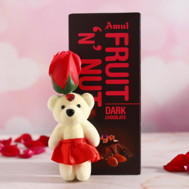 Red Rose cute Teddy with Amul  Fruit n Nut Chocolate bar