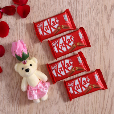 Pink Rose cute Teddy with Kitkat Chocolate bar set of 4