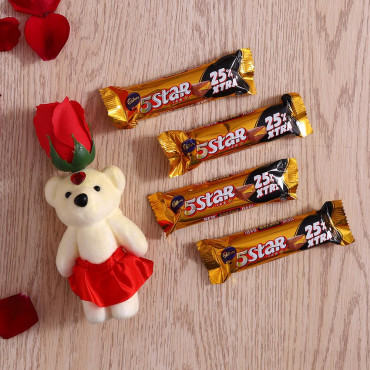 Red Rose cute Teddy with Cadbury 5 star Chocolate bar set of 4