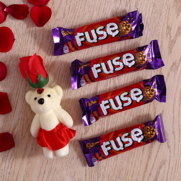Red Rose cute Teddy with Cadbury Fuse bar set of 4
