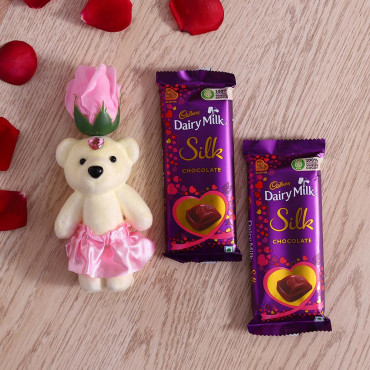 Pink Rose cute Teddy with Cadbury Slik bar set of 2