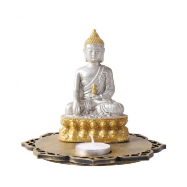 Silver Meditating Buddha with Decorative Wooden Base and T Light