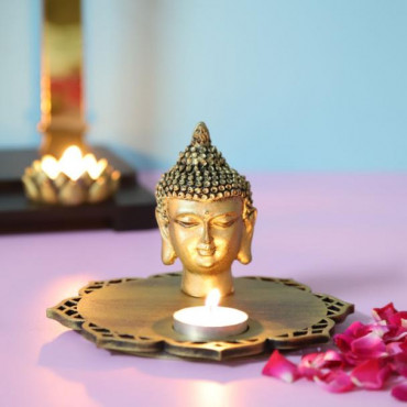 Buddha Head Idol With Decorative Wooden Base and T light