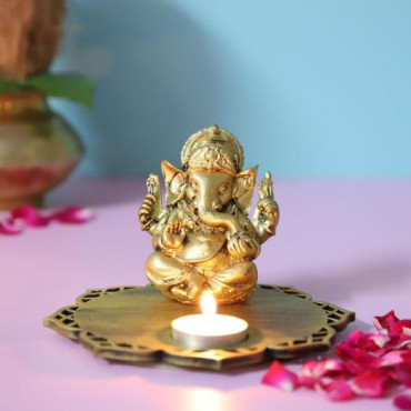 Siddhi Ganesha With Decorative Wooden Tray Base and T light