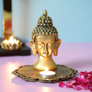 Buddha Head With Decorative Wooden Tray and T light