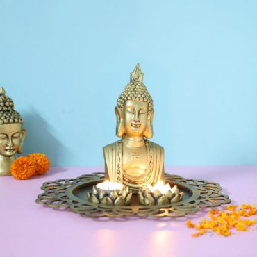 Buddha Head Idol With Decorative Wooden Tray and T light