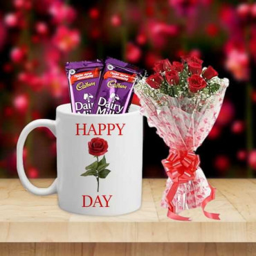 Mug With Chocolate and 10 Red Roses bouquet