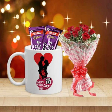 Order Now Kiss Day Mug With 10 roses bouquet and Chocolate