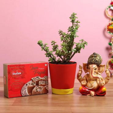 Raja Ganesha Idol Jade Plant With Gulab Jamun Combo