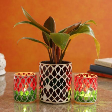 Red Philodendron Plant In Mosaic Mirror Pot And Votive Set