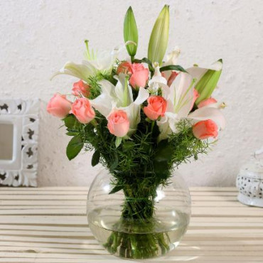 Serene Mixed Flowers Arrangement In Vase