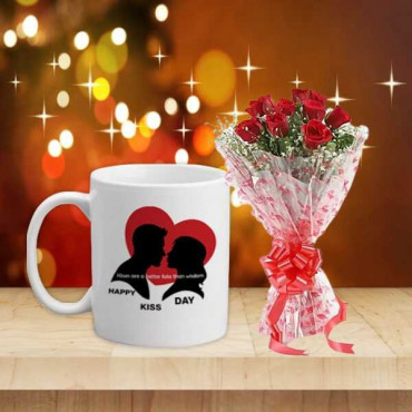 Kiss Day Mug With 10 roses bouquet