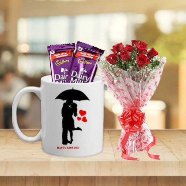 Kiss Day Mug With 10 roses bouquet and Chocolate