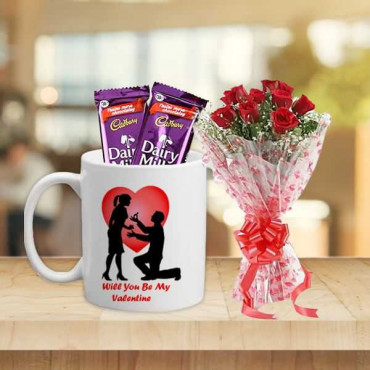 Propose Mug with Chocolate and 10 Red Roses bouquet